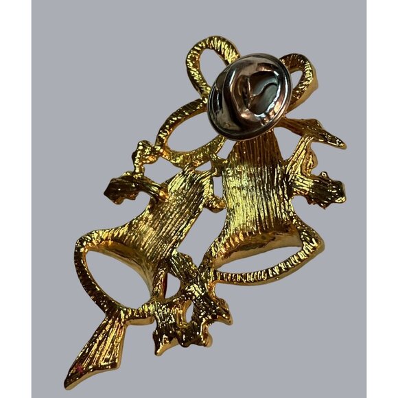 Vintage Gold-Tone Red Enamel Christmas Bell Brooch With Holly  Bow Pin Jewelry - Picture 6 of 11